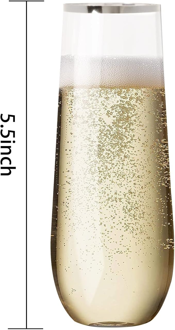 SUT 24PCS Silver Champagne Flutes Plastic, 9oz Stemless Plastic Champagne Glasses, Clear plastic Toasting Glasses With Silver Rim, Unbreakable, Shatterproof Mimosa Glasses, For Party,Shower