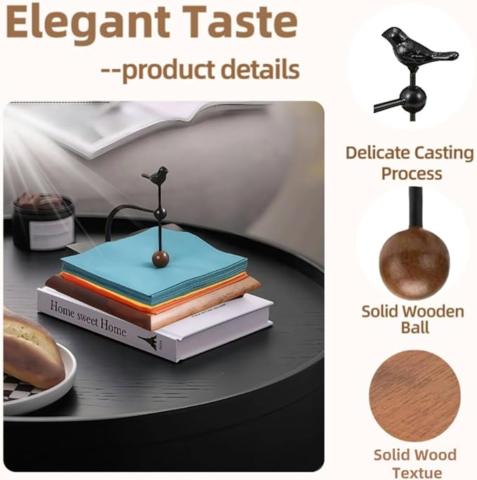 Bird Napkin Holder for Table, Premium Solid Wooden Flat Napkin Dispenser, Vintage Square Cocktail Paper Hand Towel Stand, Suitable for Restaurant Farmhouse Hotel Kitchen Bathroom Bar Room Decor
