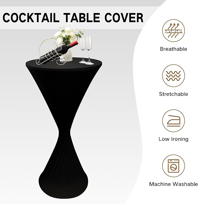 24x43 Inch Round Fitted Cocktail Table Cover Black Spandex Cocktail Table Cloth Highboy Fitted Tablecloth High Top Table Cloths for Party Pub Banquet Bistro