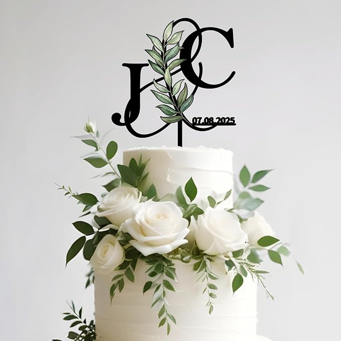 Customized Wedding Cake Topper Personalized Bride & Groom's Initials and Wedding Date Cake Decoration with Green Leaves