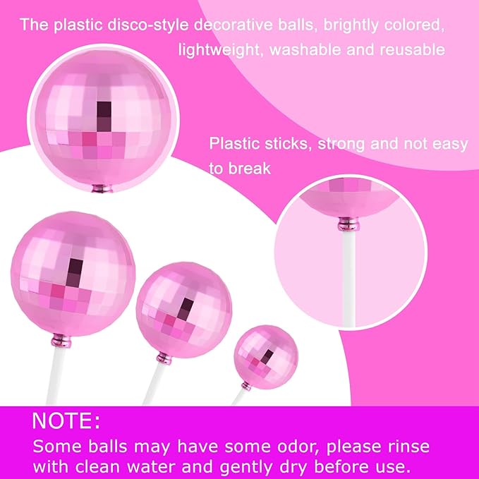 ASTARON 20 Pcs Disco Ball Cake Topper Decorations Sticks Pink Cake Balls Picks Toppers for Birthday Anniversary Disco Retired Theme Party Decorations