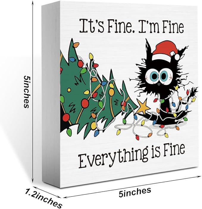 He Sees You When You're Pooping Bathroom Sign Christmas Bathroom Decorations Funny Black Cat Tree Decor for Home Desk Table Shelf 5 X 5 Inch