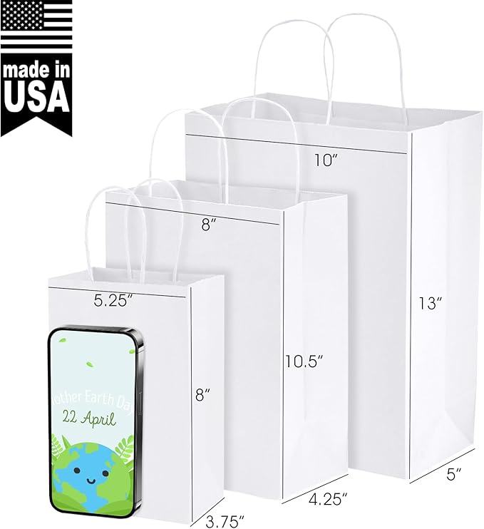 MESHA White Paper Gift Bags 8x4.25x10.5 Inch with Handles 50Pack, Recycled Kraft Shopping Bags Bulk for Business Grocery Birthday Wedding Kids Party Favors Retail