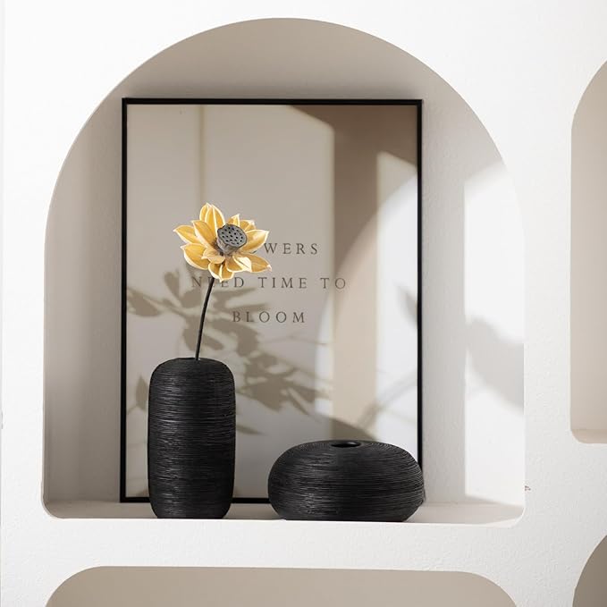 Ceramic Vase Set of 3 Flower Vases Home Decor Modern Boho Rustic Farmhouse Large Decorative Aesthetic Minimalist Matte Vases for Centerpieces Living Room Table Shelf (Black)