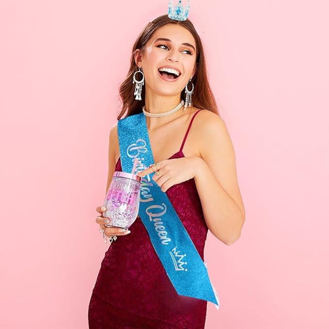 Birthday Queen Sash for Women Tiara & Crowns Headbands for Girls Happy Birthday Party Accessories Favor Supllies Leona Blue Silver Pink, 2 Pack