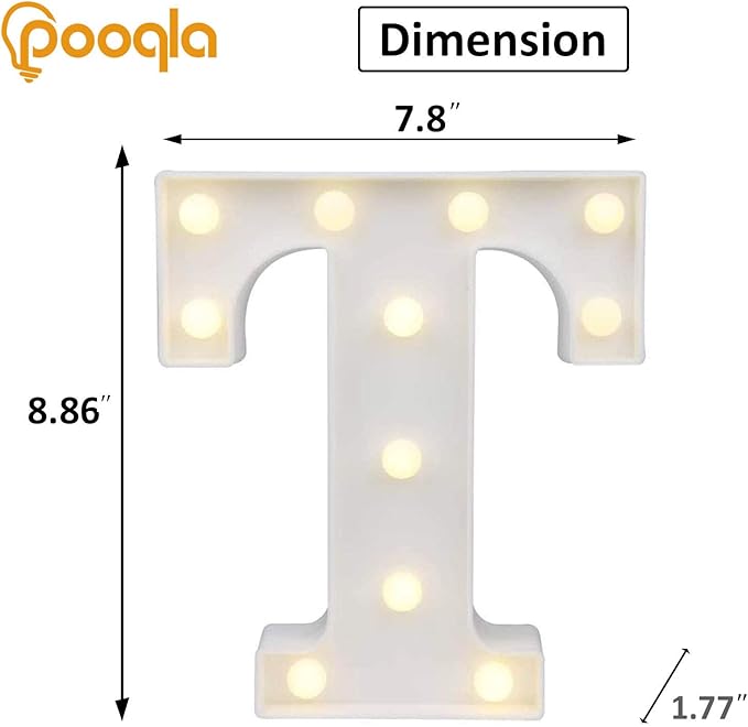 Pooqla LED Light Up Letters, Warm White and Colorful Lighted Marquee Letters with Remote, Lighted Letter for Party Birthday Decorations, Gift for Girls Boys Night Light, Wedding Home Decor, Letter T