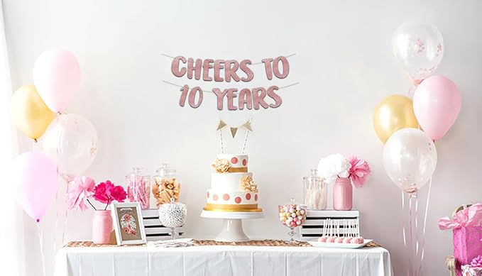 Cheers to 10 Years Rose Gold Glitter Banner - 10th Anniversary and Birthday Party Decorations
