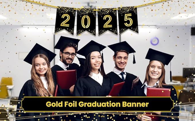 KatchOn,Glitter Graduation 2025 Banner - 8 Feet, No DIY | Black And Gold Graduation Banner 2025 | Graduations Decorations Class of 2025 | 2025 Sign For Graduations Decorations 2025 | Grad Party Decor