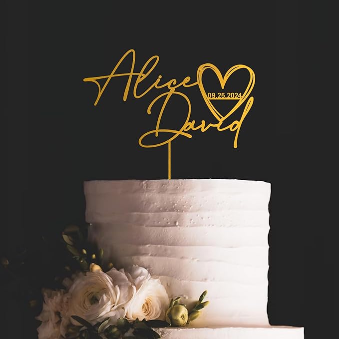 Noni Luxury Personalized Wedding Cake Topper with date and hear, Custom Cake topper, Gold Cake Topper wedding, Rustic Wedding Cake Topper, Mr and Mrs Topper for Wedding Cake, Personalized Cake Topper