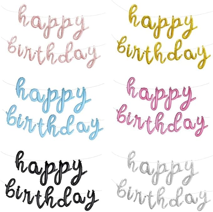 BALLOON VIBE Happy Birthday Balloon Banner - Black 16 Inch Cursive Mylar Foil Letters Happy Birthday Banner for Decor - Balloons Letters Sign with 4 Straws & Ribbon Roll