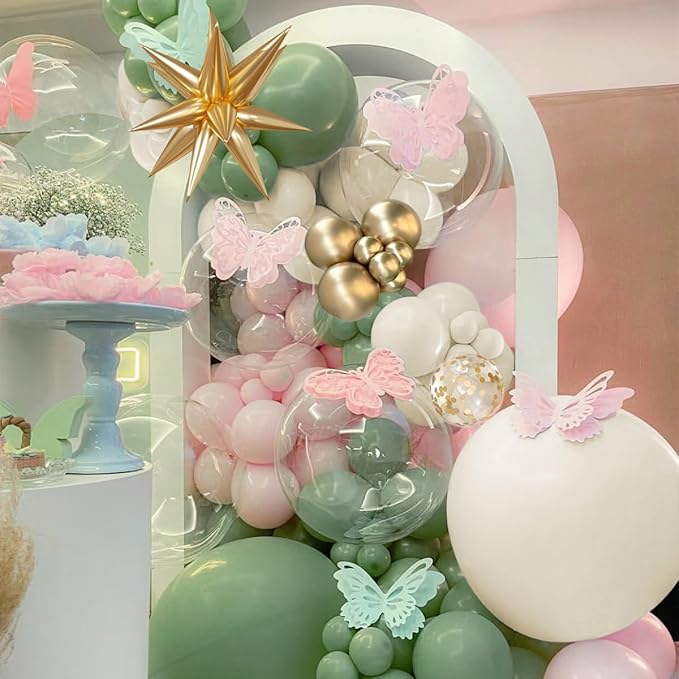 Sage Green Pink and Gold Balloon Arch Kit, 156Pcs Blush Pastel Pink and Green Garland with White Sand Metalic Gold 4D Star Balloons for Boho Girls Woodland Baby Shower Wedding Birthday
