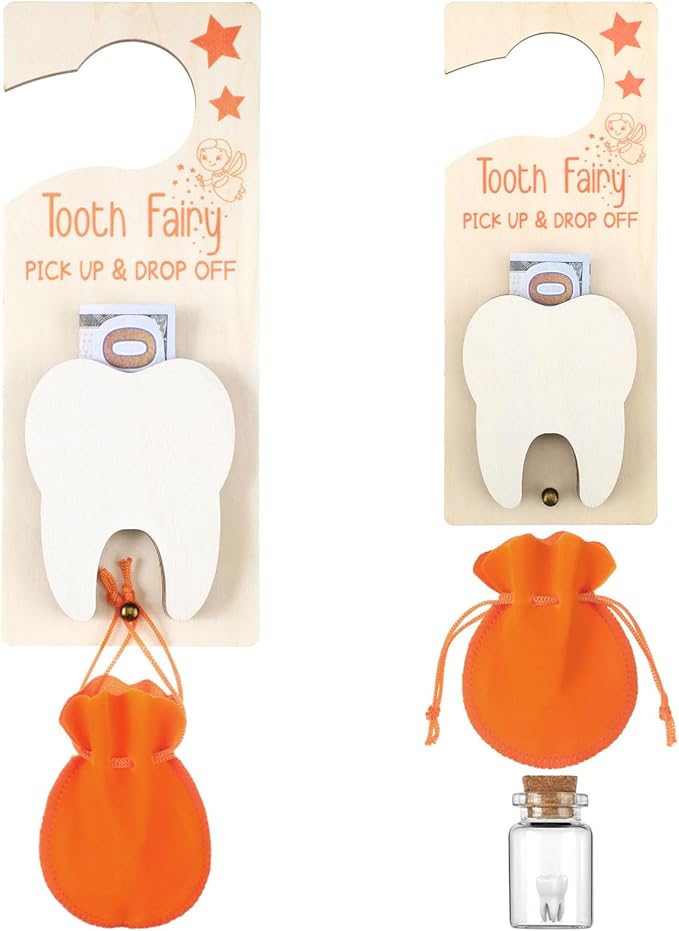 Tooth Fairy Holder Bag Hanger with Money Slot Keepsake Bottle Velvet Pouch Tooth Fairy Box Encourage Gift for Lost Teeth Boy Girl Milk(Classic,Orange)