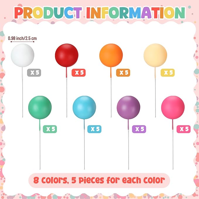 Sieral 40 Pcs Mini Balloon Cake Toppers Colorful Rainbow Cake Topper Round Foam Balls Cupcake Toppers for Birthday Baby Shower Wedding Party Decorations