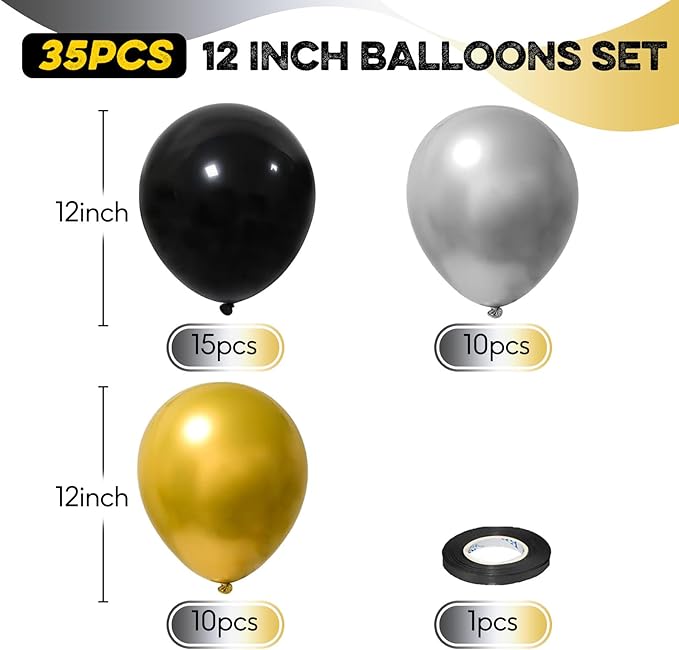 Black and Gold Balloons Set, 12 Inch Black Gold Silver Balloon New Year Eve Party Decoration Black Silver Latex Balloons for New Year Party Birthday Wedding Graduation Banquet Decoration