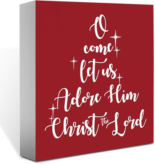 O Come Let Us Adore Him Red Christian Christmas Decorations Religious Church Christmas Decor for Bathroom Home Office 5 x 5 Inch