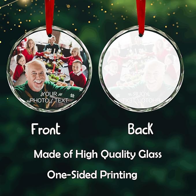 Personalized Round Christmas Crystal Glass Ornaments Custom 2025 Photo Ornament for Christmas Tree Decor Customized Xmas Tree Hanging Gifts for Family