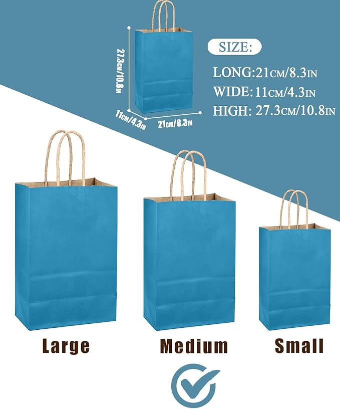 qiqee Ice Blue Gift Bag with Handles Bulk 24Pcs Paper Bags -10.6"x8.3"x4.3"Party Favor Bags - Solid Color