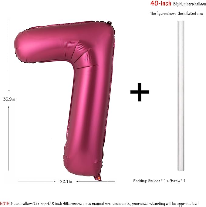 Number 7 Balloons 40 Inch Wine Red Burgundy Foil Helium Large Balloons for Birthday Party Anniversary Decorations（Digital 7）