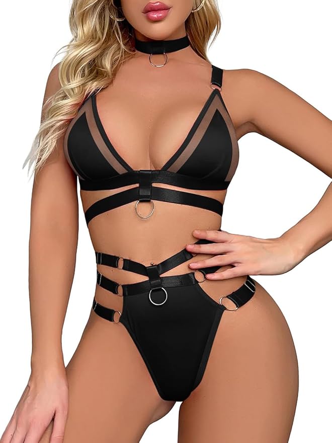 Lilosy Sexy Wireless Choker O Ring Linked Strappy Harness Lingerie Set Outfits 3 Piece