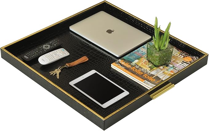 HofferRuffer Extra Large Square Serving Tray, Elegant Faux Leather Ottoman Tray with Gold Hardware Handles, Serve Tea, Coffee or Breakfast in Bed, 24 x 24 inches (Black Croco)