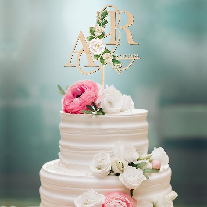 Personalized Wedding Cake Topper in Wood Custom Initials & Date Wedding Cake Decoration Printed with Flowers & Green Leaves