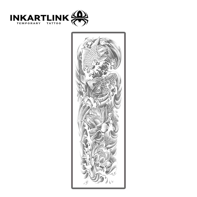 INKARTLINK Semi Permanent Tattoo, 2 Pieces Full Arm Large Size Art Party Tattoos, Comes with a Pair of Anti-Transfer Sleeves, Lasts 7-15 Days, Waterproof and Anti-Reflective (Koi, Lotus)