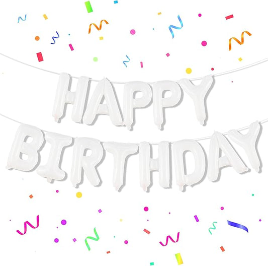 KatchOn, White Happy Birthday Balloons Banner - 16 Inch | Foil Balloon Banner for Happy Birthday Decorations | Balloon Letters Sign For White Birthday Party decor