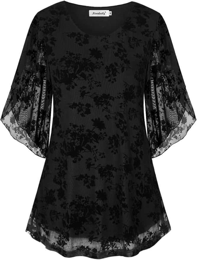 Ninedaily Women's Tops 3/4 Sleeve Blouses Dressy Casual Double Layers Mesh Tunic Shirts