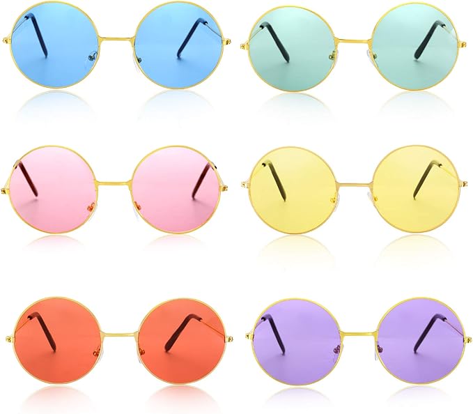 Wrestler 12 Pcs Hippie Costume Set for Women Includes 6 Multicolor Lady Daisy Flower Crown 6 Round Sunglasses for Disco