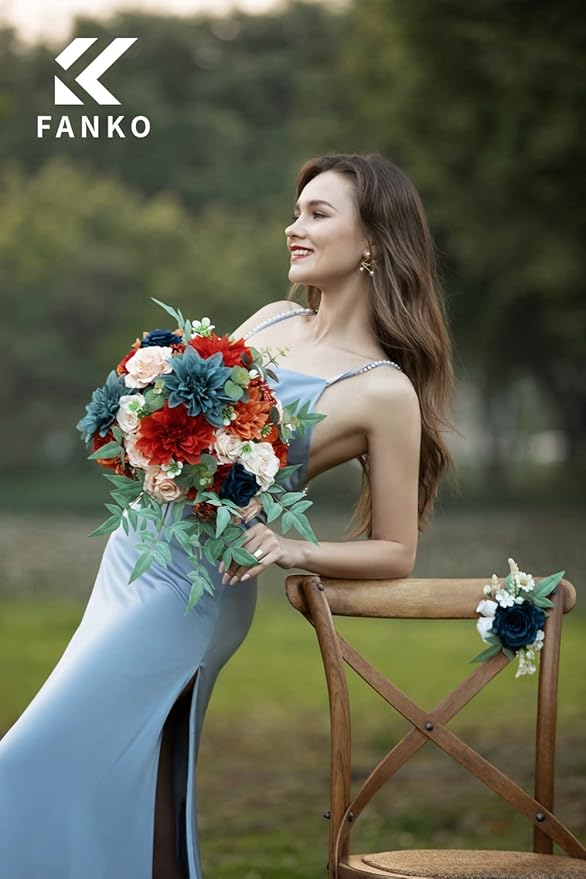FANKO Rose Artificial Flowers Combo for DIY, Fake Burnt Orange & Navy Blue Rose Silk Flowers Greenery, Faux Flowers for Wedding Bridal Bouquet, Table Centerpieces, Floral Arrangement, Home Decoration