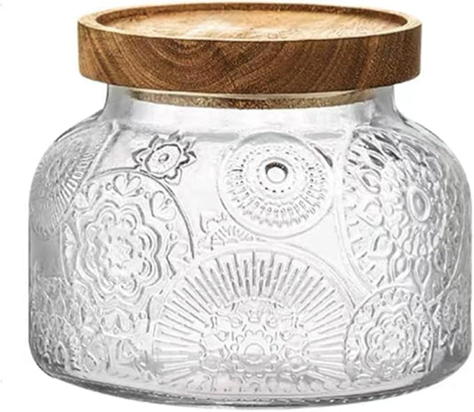 ANSQU Vintage Glass Food Storage Jar, Glass Jar with Wooden Lid, 25.4 FL OZ Decorative Glass Jar for Home Kitchen, Holds Coffee, Candy, Cookie, Sugar (Large Flower)