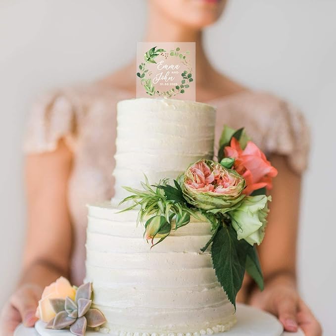 Andaz Press Eucalyptus Wreath Custom Wedding Cake Topper, Acrylic Square Personalized Couple Cake Topper