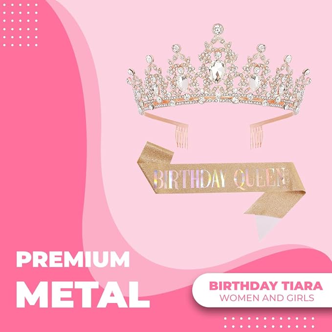 Birthday Tiara Crown with Sash for Women, Headband Hair Accessories for Wedding Party Costume Rose