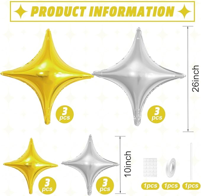 Gold Silver Star Balloons,12Pcs Four Angle Star Foil Balloons,26Inch and 10Inch Gold Silver Quadrangle Helium Balloon for Birthday Anniversary Baby Shower Wedding Party Decorations