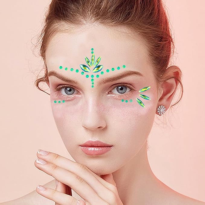 Mermaid Face Gems Stick Jewels for Women Cosplay Mermaid Alien Halloween Rave Party Makeup for Kids Green Hair Eye Body Gems Jewels Stickers Temporary Tattoos Festival Decor (Green)