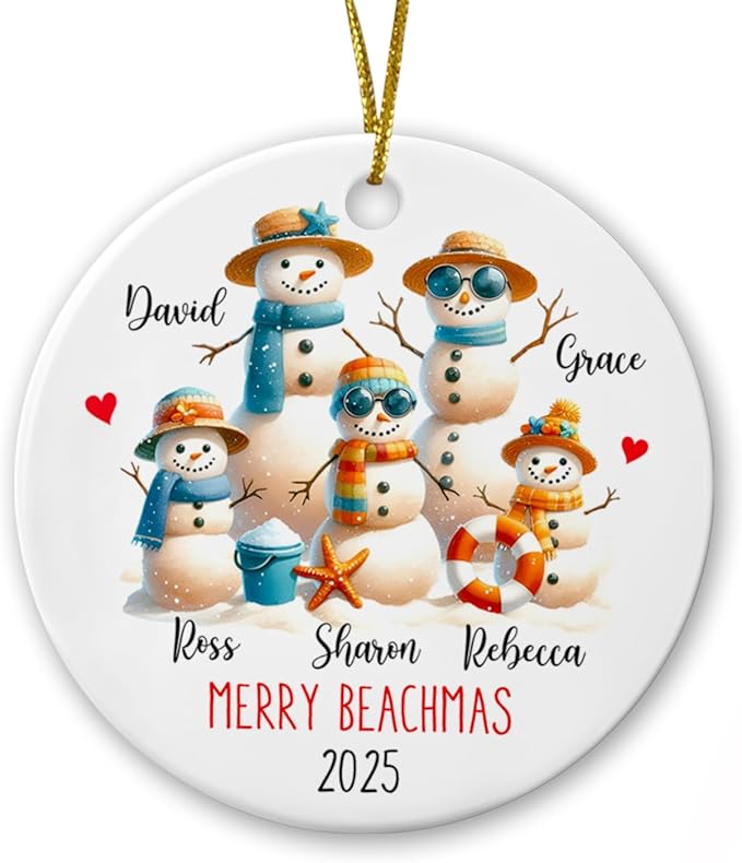 Personalized Snowman Family Beach Vacation Ceramic Ornament, Merry Beachmas, Custom Names, Xmas 2025