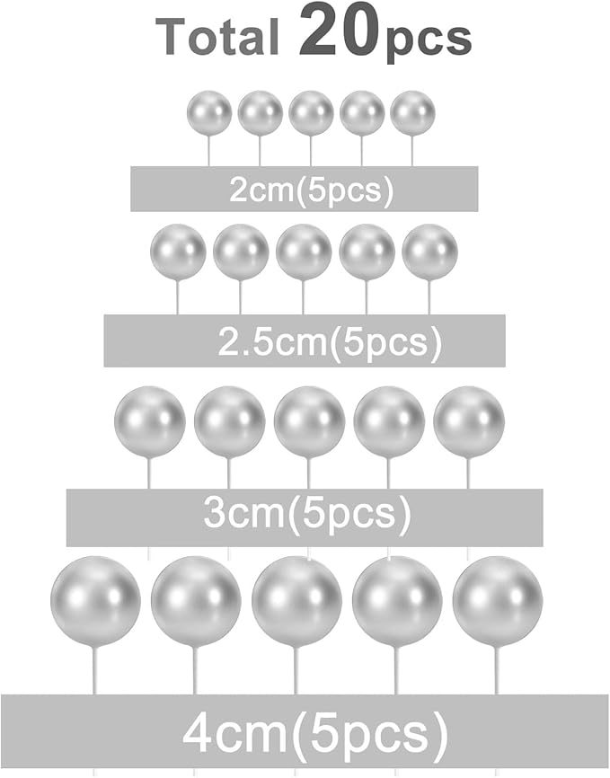 ASTARON 20 Pcs Ball Cake Topper Decorations Mini Balloons Cake Topper Sticks Silver Cake Balls for Graduation Wedding Birthday Cake Decorations