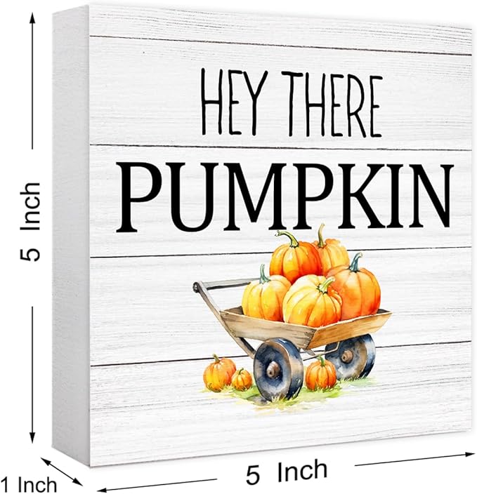 Funny Autumn Wood Box Sign Hey There Pumpkins Wooden Block Desk Decor for Home Office Kitchen Cubicle Table Shelf Tabletop,Farmhouse Fall Sign Decor