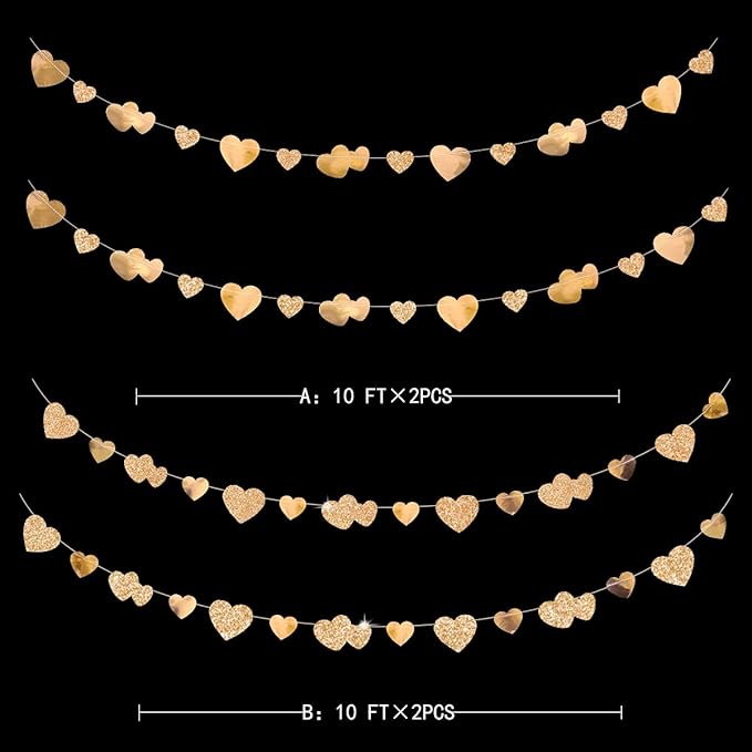 40Ft Champagne Gold Heart Banner Double Sided Paper Garland Heart Hanging Streamer for Wedding Birthday Anniversary Bachelorette Engagement Bridal Baby Shower Valentines Hen Christmas Party Decoration