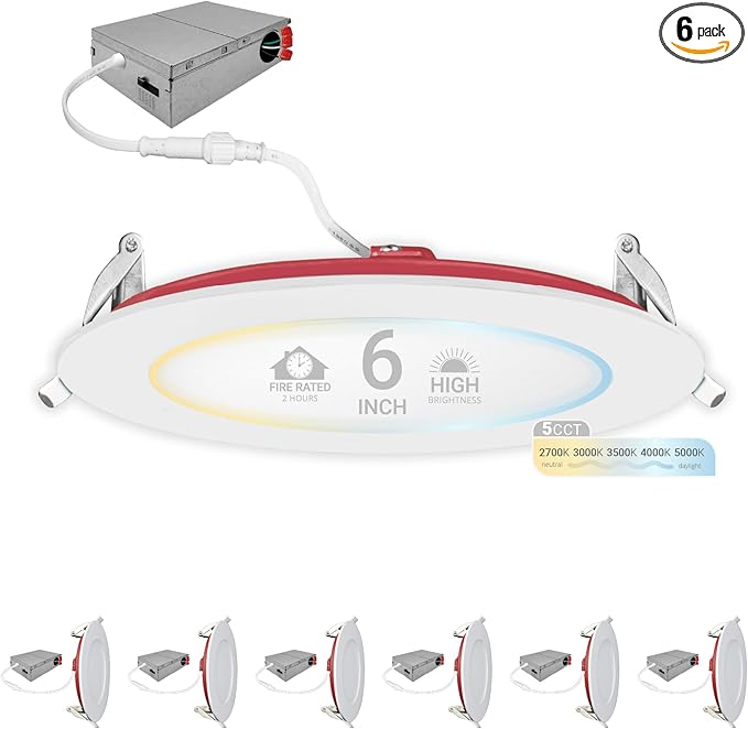 NUWATT 2 Hour Fire Rated Recessed Lighting 6 Inch Wafer LED Lights, 2700K/3000K/3500K/4000K/5000K Selectable, Dimmable 1200LM, 15W, Wet & IC Rated, 90 CRI Canless Light, No Tenmat Needed, ETL, 6 Pack