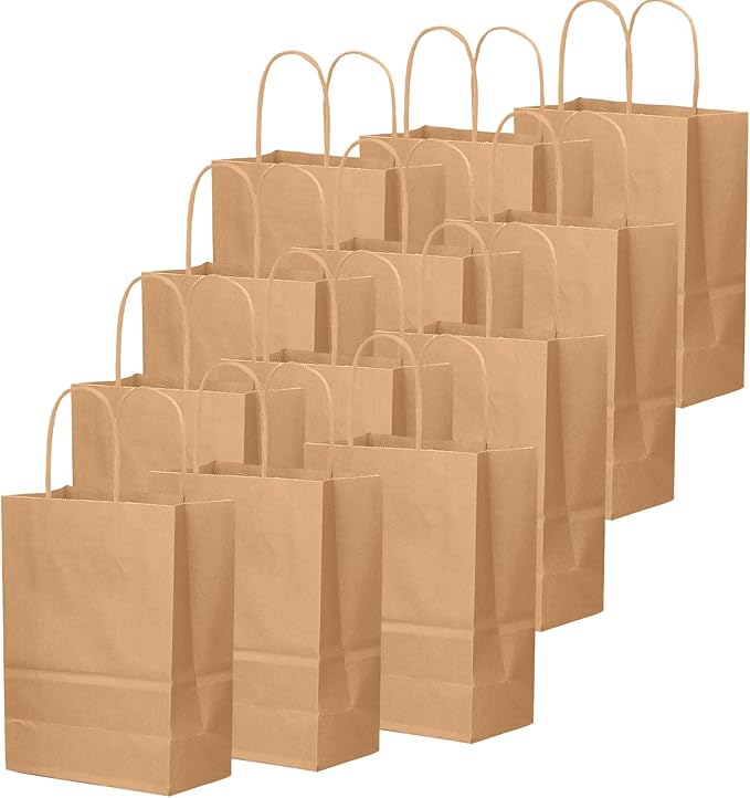 qiqee 200-Packs Brown Paper Gift Bags with Handles Bulk 8.3"x6"x3.15" Small Size Paper Bags Multiple Uses