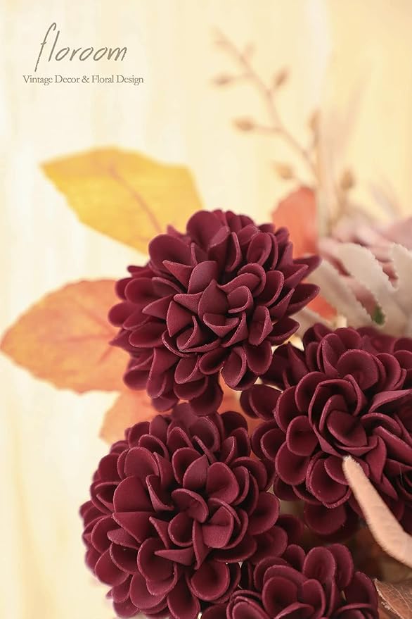 Floroom Artificial Dahlia Flowers 25pcs Real Looking Burgundy Foam Fake Roses with Stems for DIY Wedding Bouquets Dark Red Bridal Shower Centerpieces Floral Arrangements Party Tables Home Decoration