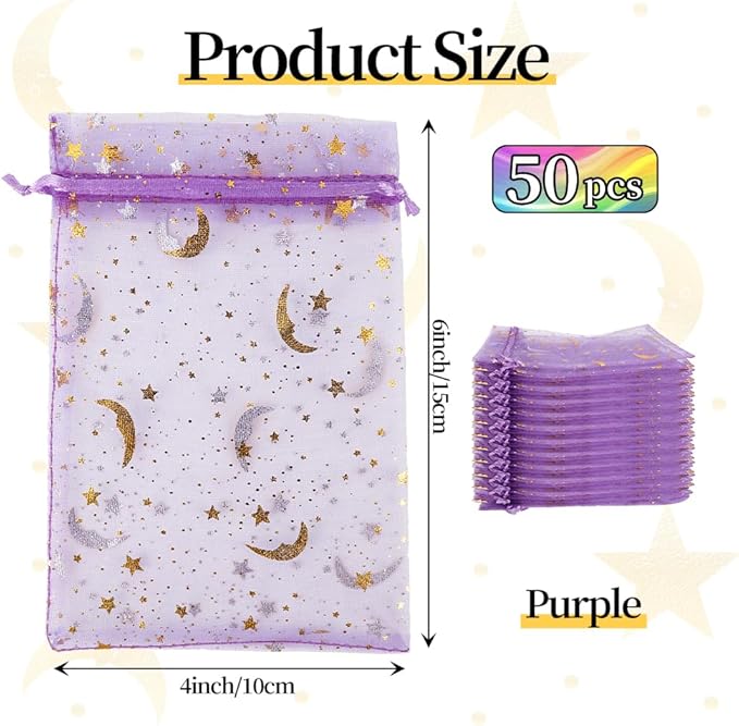 Moon Star Organza Bags 4x6 Small Mesh Bag Drawstring 50 Pcs Mesh Gift Bags Drawstring Pouch Wedding Favor Bags Jewelry Pouches Bulk Gift Pouch for Candy Soaps Birthday Festival Party Supplies, Purple