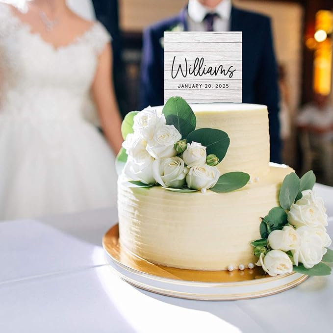 Andaz Press Distressed Whitewash Wood With Date Custom Wedding Cake Topper, Acrylic Square Personalized Couple Cake Topper