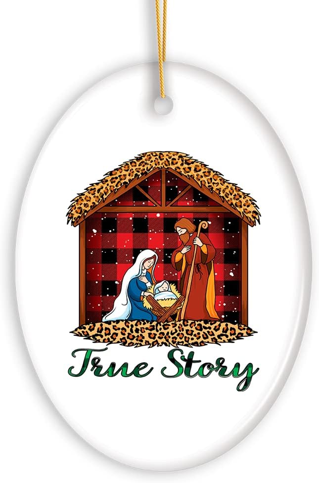 Religious Themed Christmas Ornaments, Nativity and Jesus Christ Decorations - True Story Nativity Plaid Birth of Christ Ornament