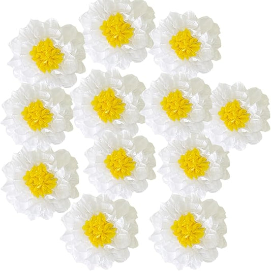 12pcs 10in 12in White Yellow Paper Flowers Tissue Flowers Pom Paper Pom Poms Hanging Paper Flowers Wall Backdrop Wedding Party Flower Decorations DIY Art Craft Blooms for Birthday Baby shower decor