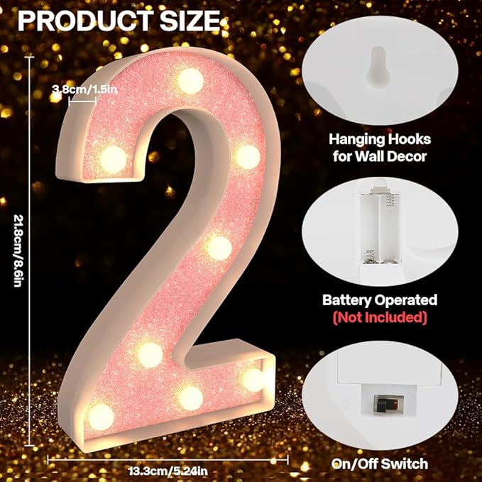 Marquee Numbers 2026 Light up Numbers Battery Powered LED Light for 2026 New Years Decorations Pink Glitter Plastic Number Docor for New Years Eve Graduation Christmas Birthday Party Supplies