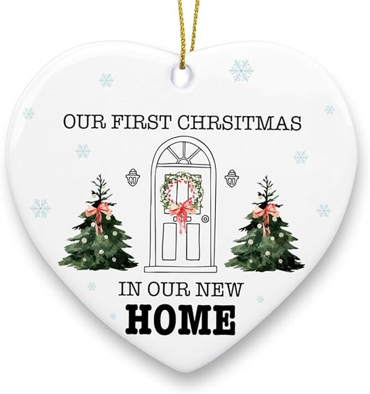 Our First Christmas in Our New Home Ornament Housewarming Gifts New Home for Couple Friends Him Her First Home Christmas Heart Ceramic Xmas Tree Ornament Decorations