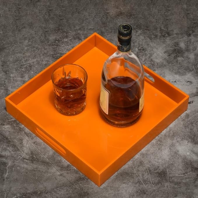 Orange Sturdy Acrylic Serving Tray with Handles-12x12Inch-Serving Coffee,Food,Breakfast,Butler-Kitchen Countertop Tray-Makeup Drawer Organizer-Vanity Table,Ottoman Tray-Decorative Tray