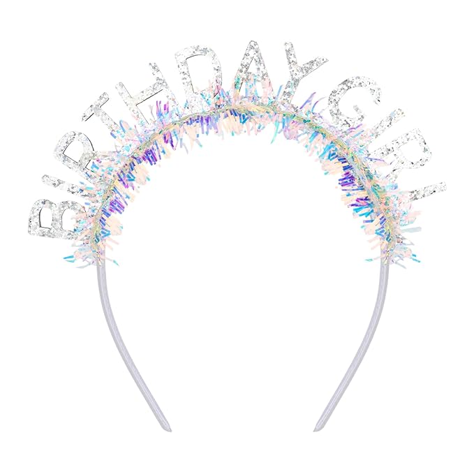 Jaciya Birthday Girl Glitter Headband for Women Girls Sparkling Silver Party Hair Accessories with Confetti Tinsel